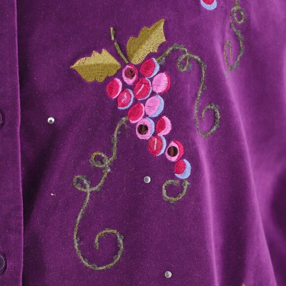 VINTAGE THE QUACKER FACTORY Velvet Grape Embroidery Button Down Shirt Size 1X - Picture 6 of 7